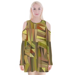 Earth Tones Geometric Shapes Unique Velvet Long Sleeve Shoulder Cutout Dress by Simbadda