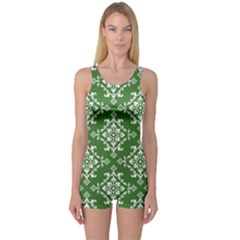 St Patrick S Day Damask Vintage Green Background Pattern One Piece Boyleg Swimsuit by Simbadda