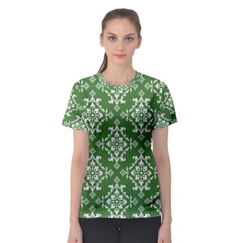 St Patrick S Day Damask Vintage Green Background Pattern Women s Sport Mesh Tee by Simbadda