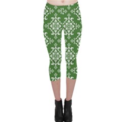 St Patrick S Day Damask Vintage Green Background Pattern Capri Leggings  by Simbadda