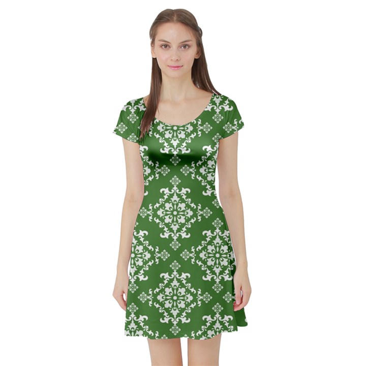 St Patrick S Day Damask Vintage Green Background Pattern Short Sleeve Skater Dress