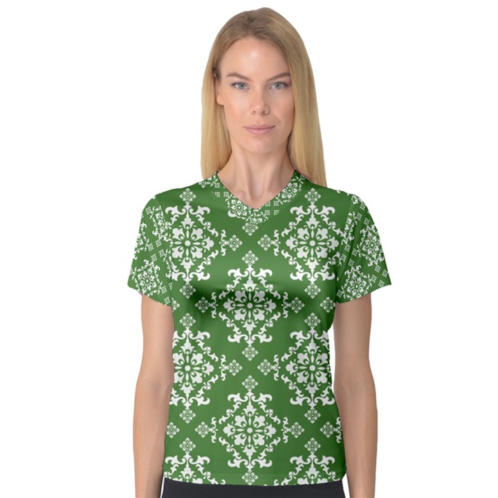 St Patrick S Day Damask Vintage Green Background Pattern Women s V-Neck Sport Mesh Tee