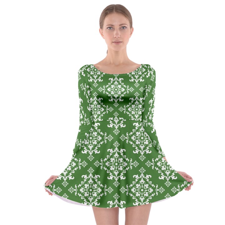 St Patrick S Day Damask Vintage Green Background Pattern Long Sleeve Skater Dress