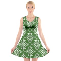 St Patrick S Day Damask Vintage Green Background Pattern V-neck Sleeveless Skater Dress by Simbadda