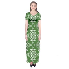 St Patrick S Day Damask Vintage Green Background Pattern Short Sleeve Maxi Dress