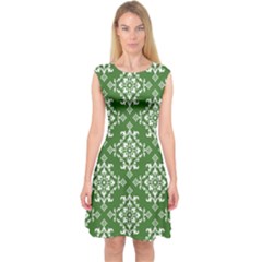 St Patrick S Day Damask Vintage Green Background Pattern Capsleeve Midi Dress by Simbadda