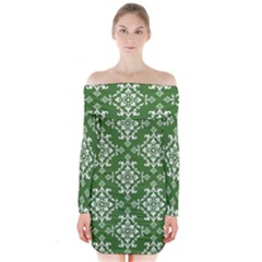 St Patrick S Day Damask Vintage Green Background Pattern Long Sleeve Off Shoulder Dress by Simbadda