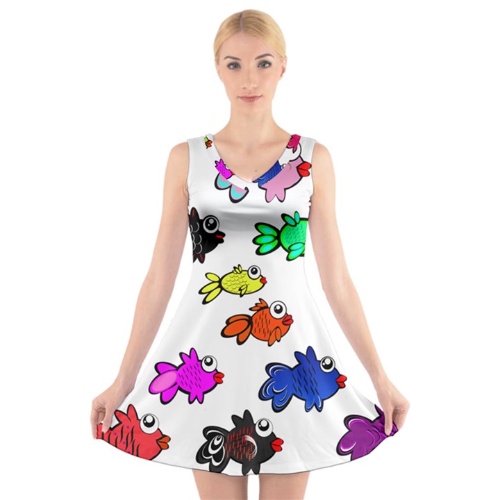 Fishes Marine Life Swimming Water V-Neck Sleeveless Skater Dress