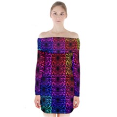 Rainbow Grid Form Abstract Long Sleeve Off Shoulder Dress