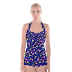 Flowers Roses Floral Flowery Blue Background Boyleg Halter Swimsuit 