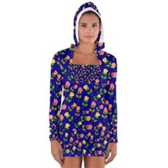 Flowers Roses Floral Flowery Blue Background Women s Long Sleeve Hooded T-shirt