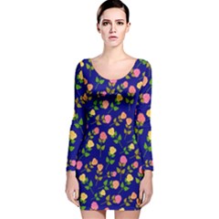 Flowers Roses Floral Flowery Blue Background Long Sleeve Velvet Bodycon Dress