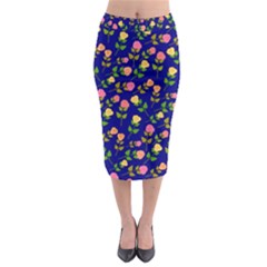 Flowers Roses Floral Flowery Blue Background Midi Pencil Skirt