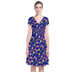 Flowers Roses Floral Flowery Blue Background Short Sleeve Front Wrap Dress