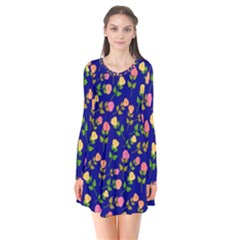 Flowers Roses Floral Flowery Blue Background Flare Dress