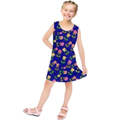 Flowers Roses Floral Flowery Blue Background Kids  Tunic Dress