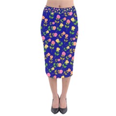 Flowers Roses Floral Flowery Blue Background Velvet Midi Pencil Skirt by Simbadda