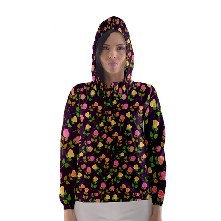 Flowers Roses Floral Flowery Hooded Wind Breaker (Women)