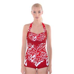 Heart Design Love Red Boyleg Halter Swimsuit 