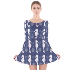 Seahorse And Shell Pattern Long Sleeve Velvet Skater Dress