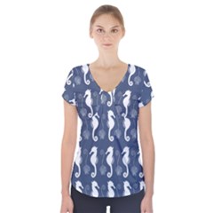 Seahorse And Shell Pattern Short Sleeve Front Detail Top by Simbadda