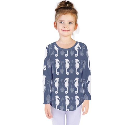 Seahorse And Shell Pattern Kids  Long Sleeve Tee by Simbadda