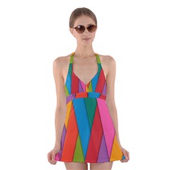 Colorful Lines Pattern Halter Swimsuit Dress