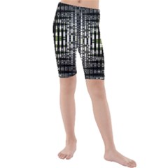 Interwoven Grid Pattern In Green Kids  Mid Length Swim Shorts