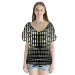 Interwoven Grid Pattern In Green Flutter Sleeve Top