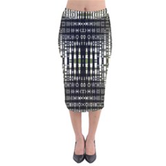 Interwoven Grid Pattern In Green Velvet Midi Pencil Skirt