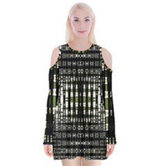 Interwoven Grid Pattern In Green Velvet Long Sleeve Shoulder Cutout Dress