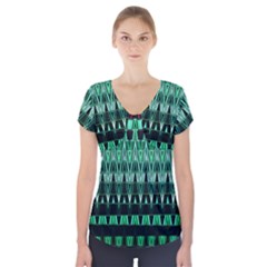 Green Triangle Patterns Short Sleeve Front Detail Top