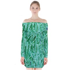 Green Background Pattern Long Sleeve Off Shoulder Dress