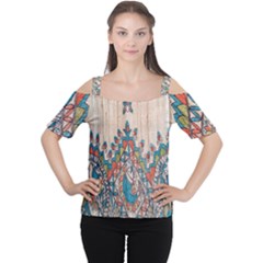 Blue Brown Cloth Design Women s Cutout Shoulder Tee