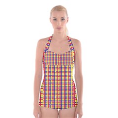 Yellow Blue Red Lines Color Pattern Boyleg Halter Swimsuit  by Simbadda