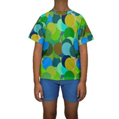 Green Aqua Teal Abstract Circles Kids  Short Sleeve Swimwear