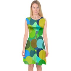 Green Aqua Teal Abstract Circles Capsleeve Midi Dress by Simbadda