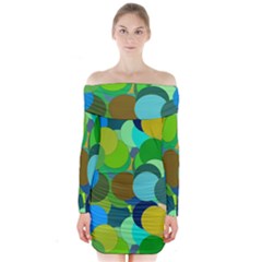 Green Aqua Teal Abstract Circles Long Sleeve Off Shoulder Dress by Simbadda