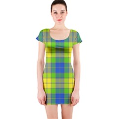 Spring Plaid Yellow Short Sleeve Bodycon Dress