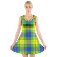 Spring Plaid Yellow V-neck Sleeveless Skater Dress by Simbadda