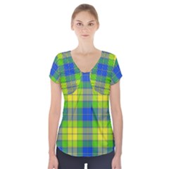 Spring Plaid Yellow Short Sleeve Front Detail Top by Simbadda