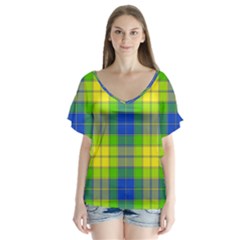 Spring Plaid Yellow Flutter Sleeve Top by Simbadda