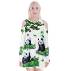 Cute Panda Cartoon Velvet Long Sleeve Shoulder Cutout Dress