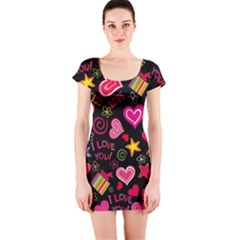 Love Hearts Sweet Vector Short Sleeve Bodycon Dress