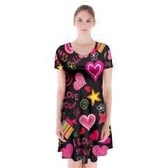 Love Hearts Sweet Vector Short Sleeve V-neck Flare Dress