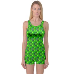 Green Abstract Art Circles Swirls Stars One Piece Boyleg Swimsuit