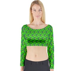 Green Abstract Art Circles Swirls Stars Long Sleeve Crop Top