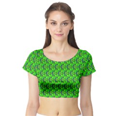 Green Abstract Art Circles Swirls Stars Short Sleeve Crop Top (tight Fit)