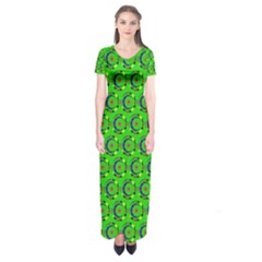 Green Abstract Art Circles Swirls Stars Short Sleeve Maxi Dress