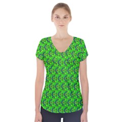 Green Abstract Art Circles Swirls Stars Short Sleeve Front Detail Top